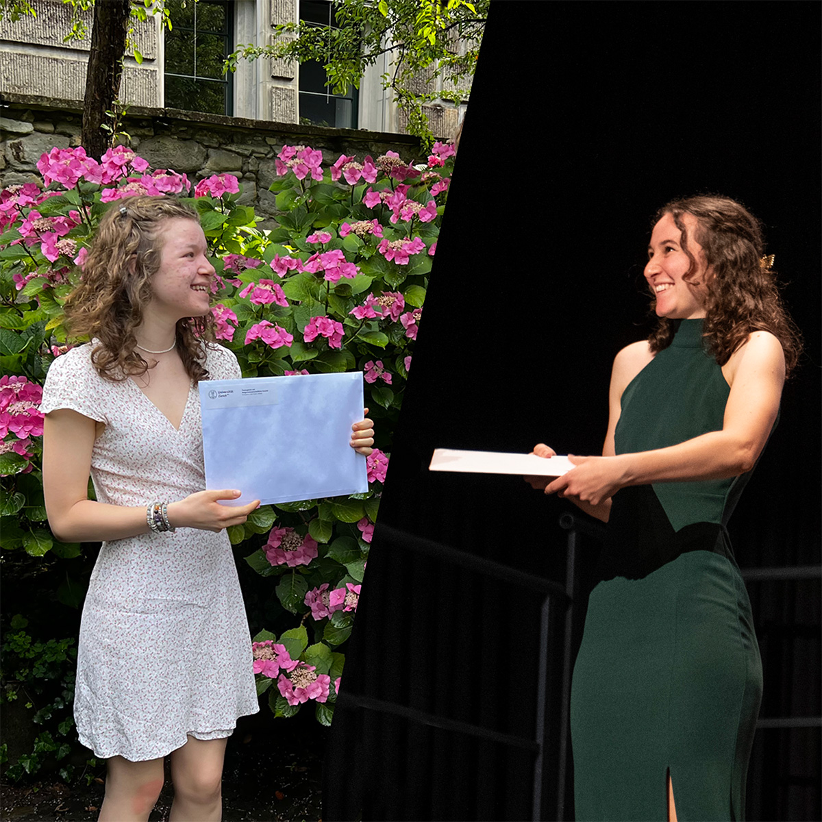 Collage mit den beiden Preisträgerinnen kurz nach der Übergabe des Diploms (sie halten jeweils ein grosses Couvert in den Händen); links eine junge Frau mit einem hellen Sommerkleid in einem Garten voller rosa Blumen, rechts eine junge Frau im grünen, schulterfreien Abendkleid vor schwarzem Hintergrund