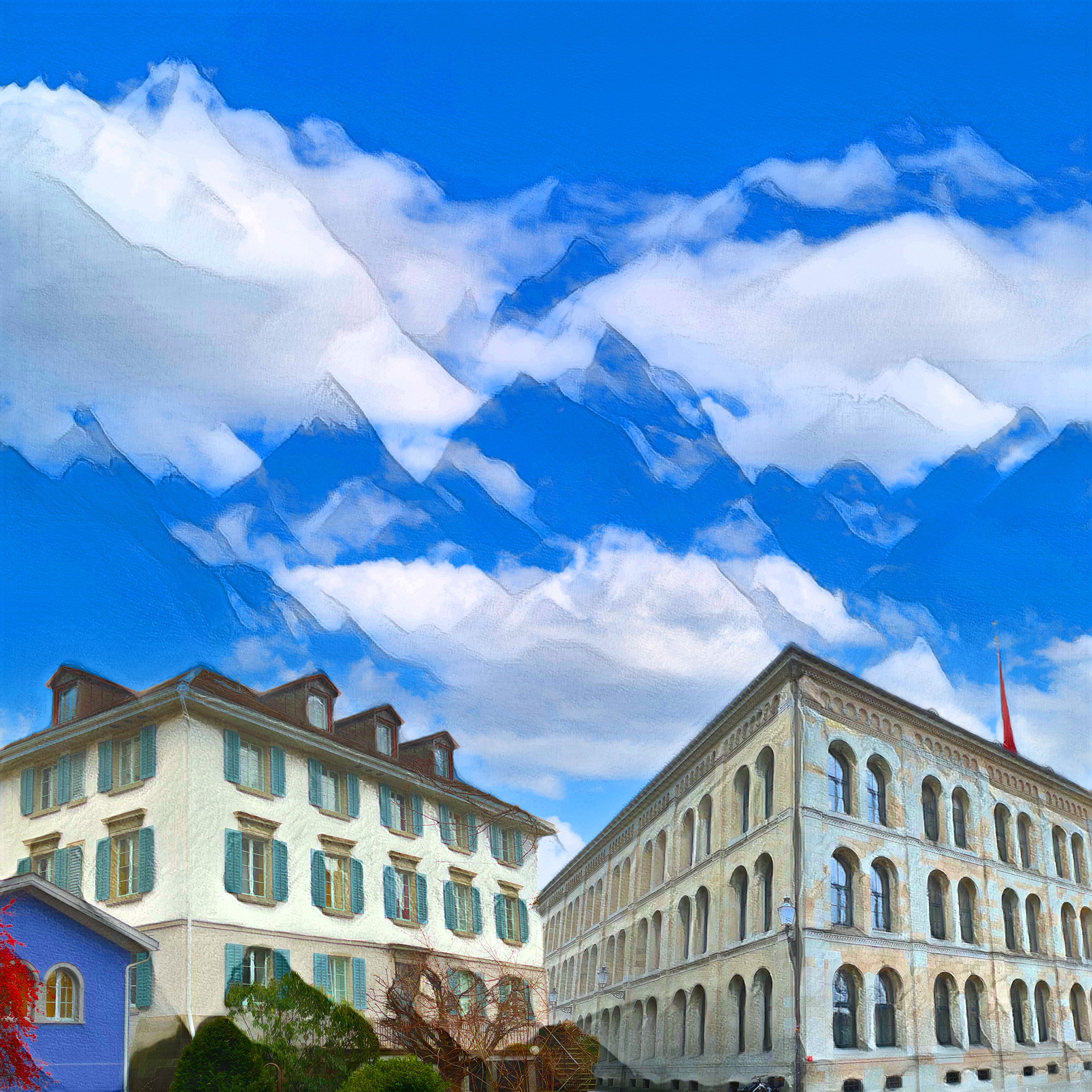 Hinweis Namensergänzung mit «gezeichneten» Gebäuden von Religionswissenschaft und Theologie