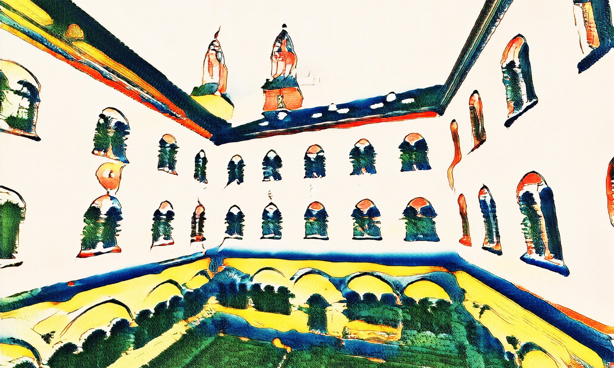 Blick auf Kirchgang/Innenhof des Fakultätsgebäudes (Kirchgasse 9), im Hintergrund die zwei Türme des Grossmünsters. Das Bild sieht aus wie mit Wasserfarbe gemalt, die Farbwelt weicht vom Original ab (künstlerischer Effekt).