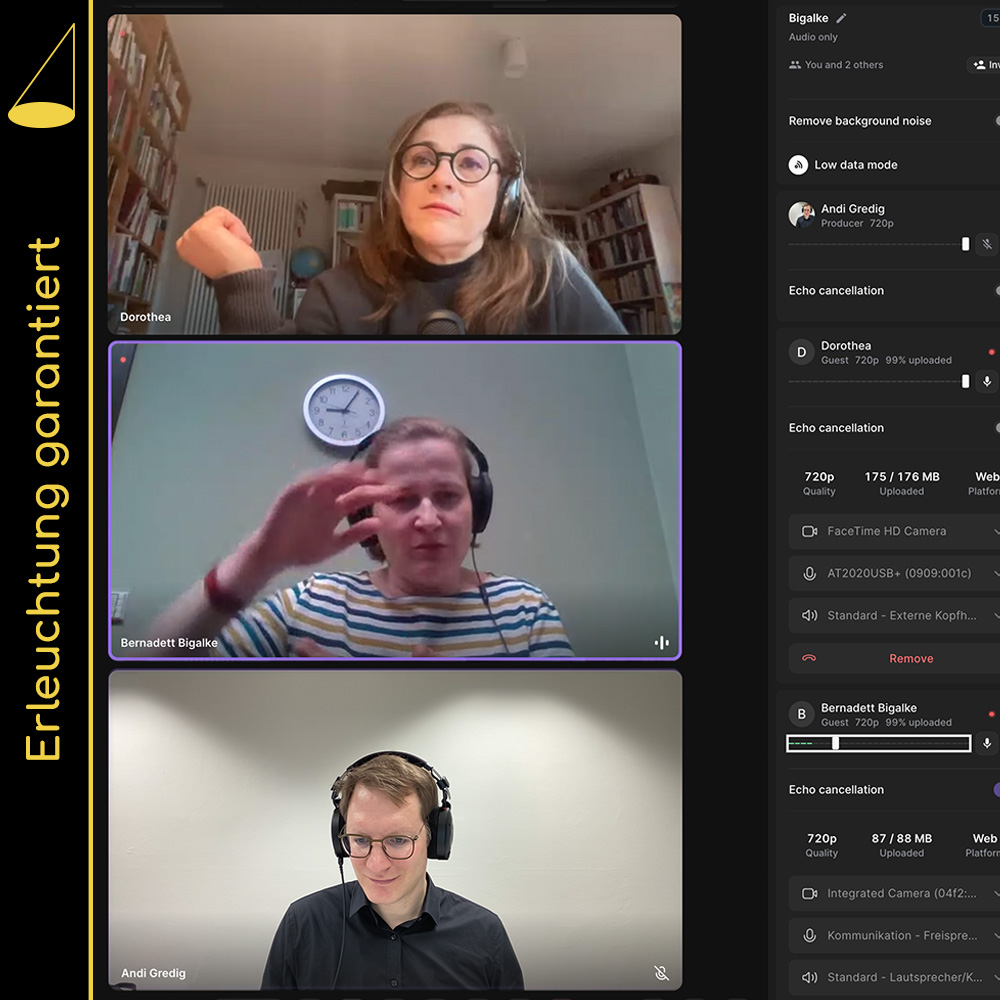 Dorothea Lüddeckens, Bernadett Bigalke und Andi Gredig bei der Online-Podcast-Aufzeichnung