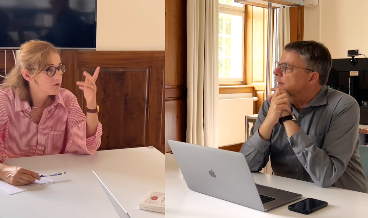 Dekanin Dorothea Lüddeckens im Gespräch mit Michael Schaepman, Rektor der UZH. Die Podcastfolge, die dabei entstanden ist, bildet den Auftakt zur 3. Podcast-Staffel und ist am 16.9.2022 erschienen.